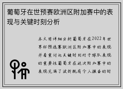 葡萄牙在世预赛欧洲区附加赛中的表现与关键时刻分析