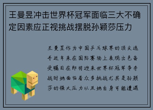 王曼昱冲击世界杯冠军面临三大不确定因素应正视挑战摆脱孙颖莎压力
