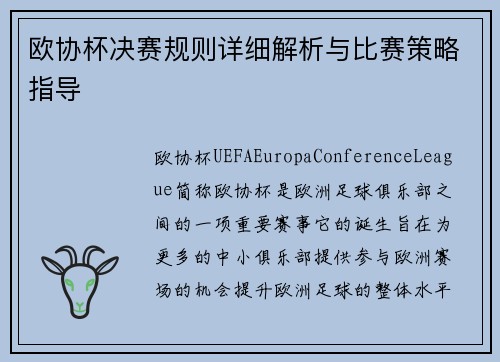 欧协杯决赛规则详细解析与比赛策略指导